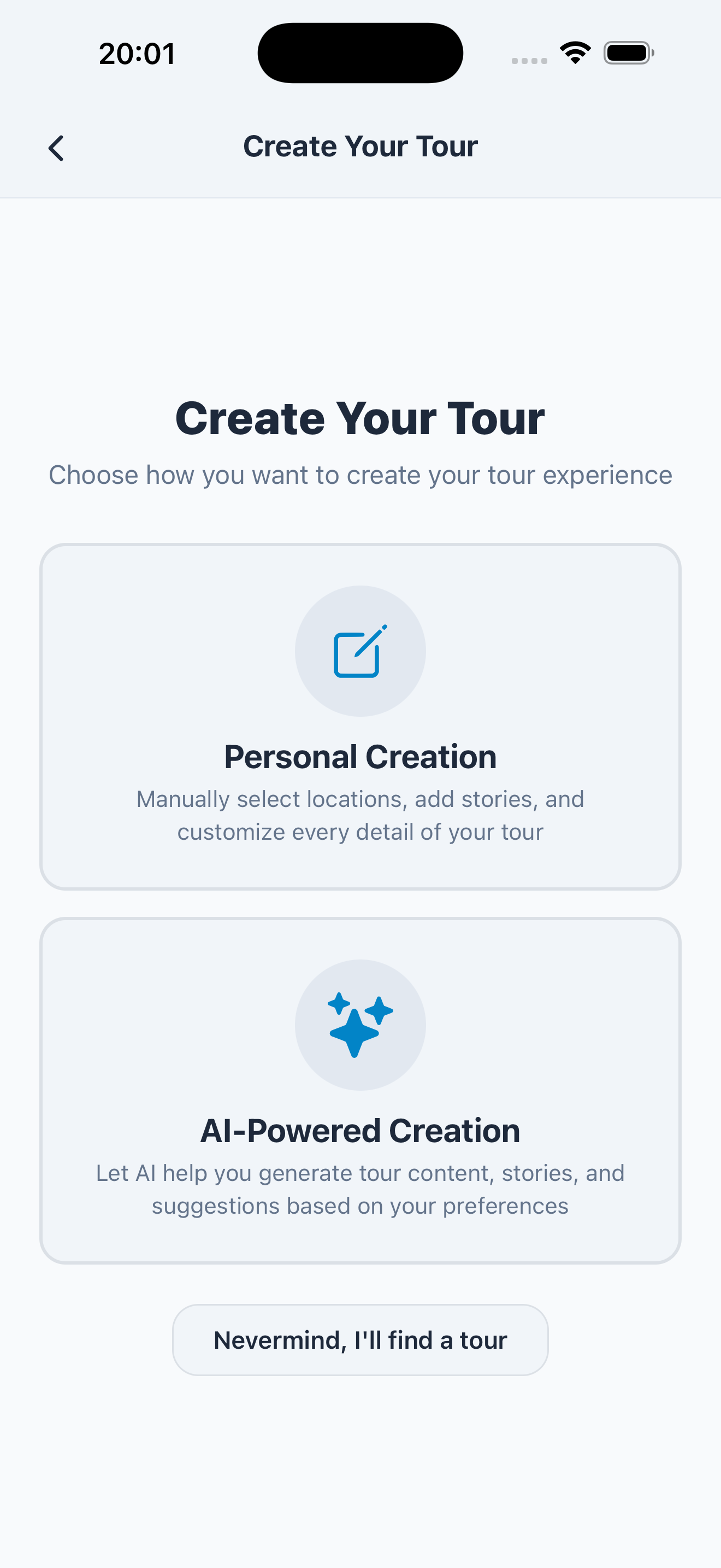 Odyssey tour creation method selection screen