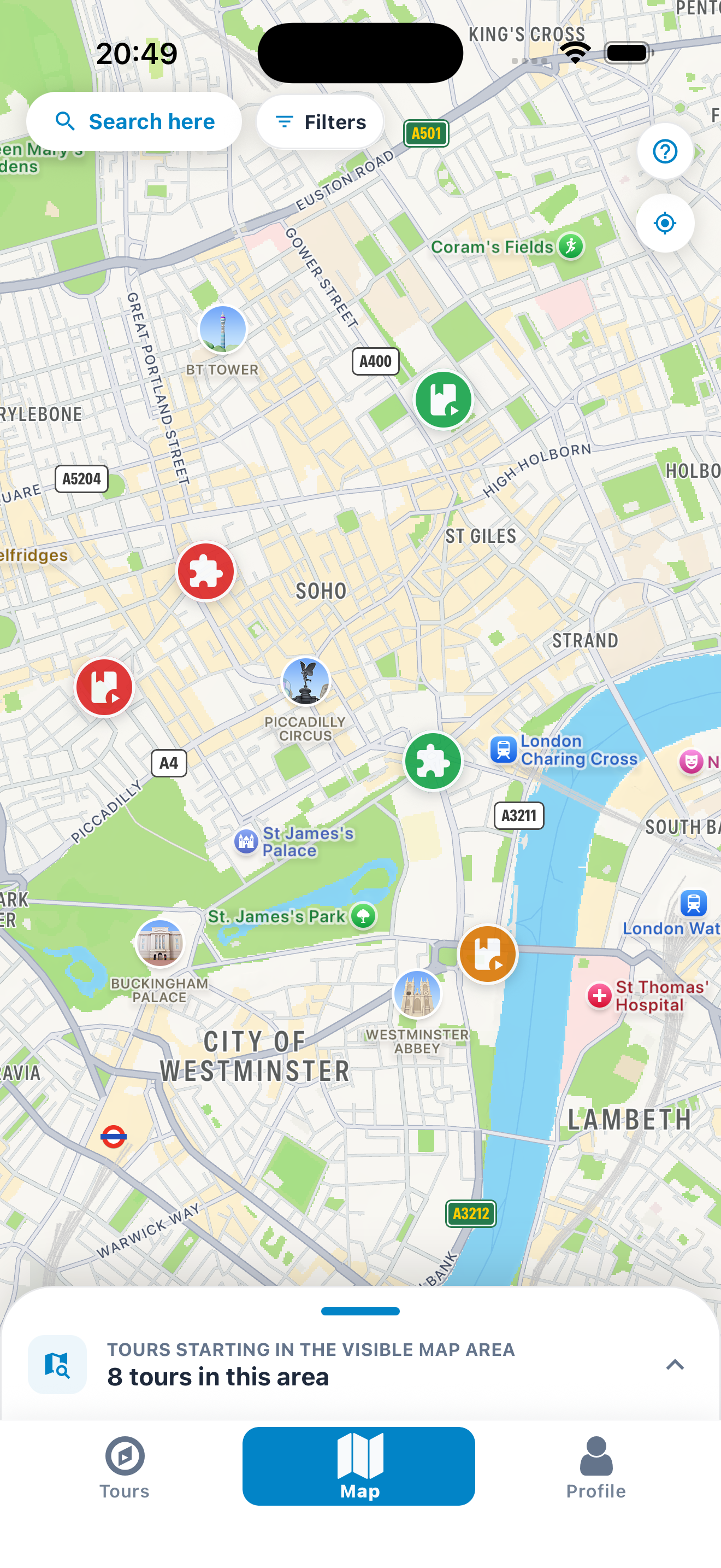 Odyssey map screen with nearby tours