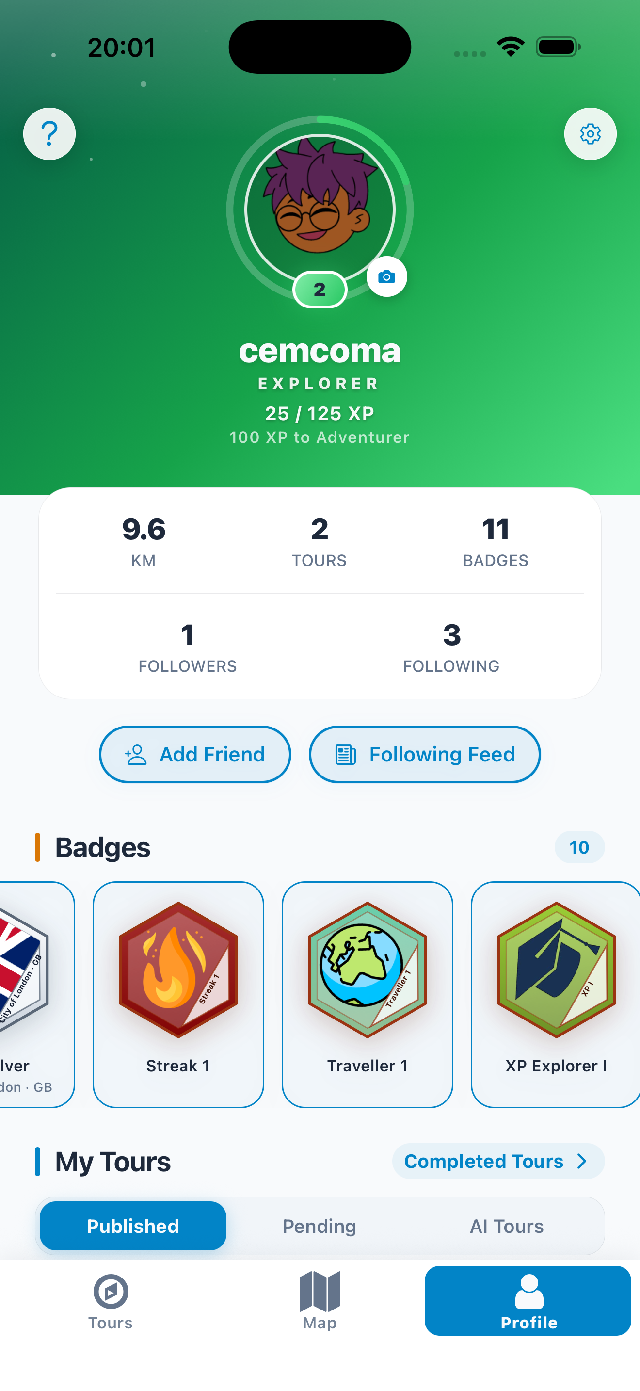 Odyssey profile and badges screen